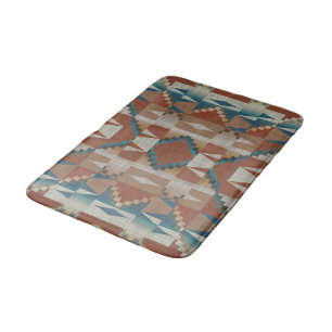 Burnt Orange Taupe Brown Teal Blue Tribal Art Bath Mat