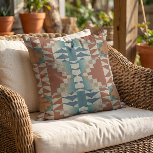 Burnt Orange Taupe Brown Teal Blue Tribal Art Cushion