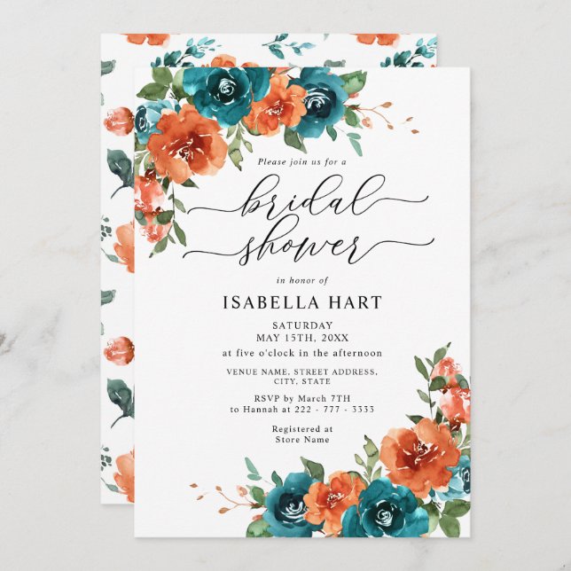 Burnt Orange Teal Floral Rustic Bridal Shower Invitation (Front/Back)