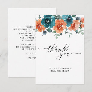 Burnt Orange Teal Flowers Watercolor Bridal Shower Thank You Card
