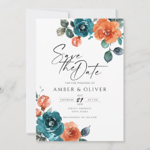 Burnt Orange Teal Watercolor Floral Save The Date Invitation