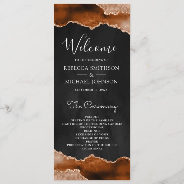 Burnt Orange Terracotta Agate Marble Black Wedding Program (Front)