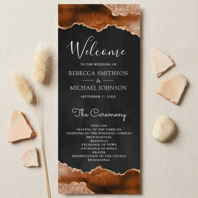 Burnt Orange Terracotta Agate Marble Black Wedding Program (Creator Uploaded)