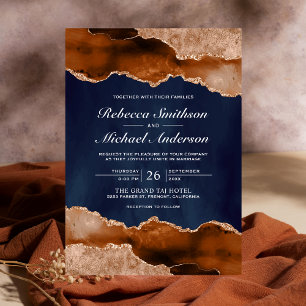 Burnt Orange Terracotta Agate Marble Navy Wedding Invitation