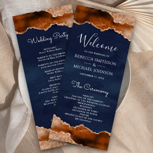 Burnt Orange Terracotta Agate Marble Navy Wedding Program
