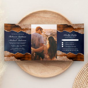 Burnt Orange Terracotta Agate Marble Navy Wedding Tri-Fold Invitation