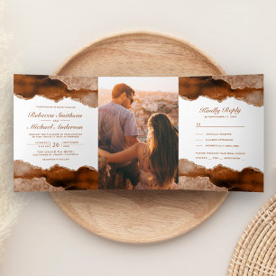 Burnt Orange Terracotta Agate Marble Photo Wedding Tri-Fold Invitation