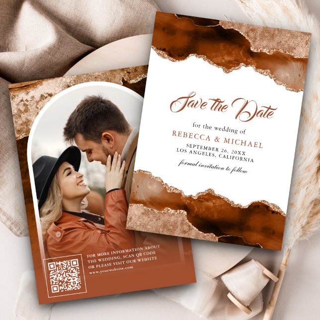 Burnt Orange Terracotta Agate Marble Wedding Photo Save The Date (Creator Uploaded)