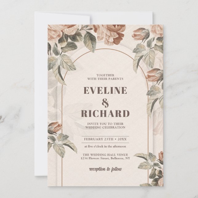 Burnt orange terracotta and greenery foliage arch invitation (Front)