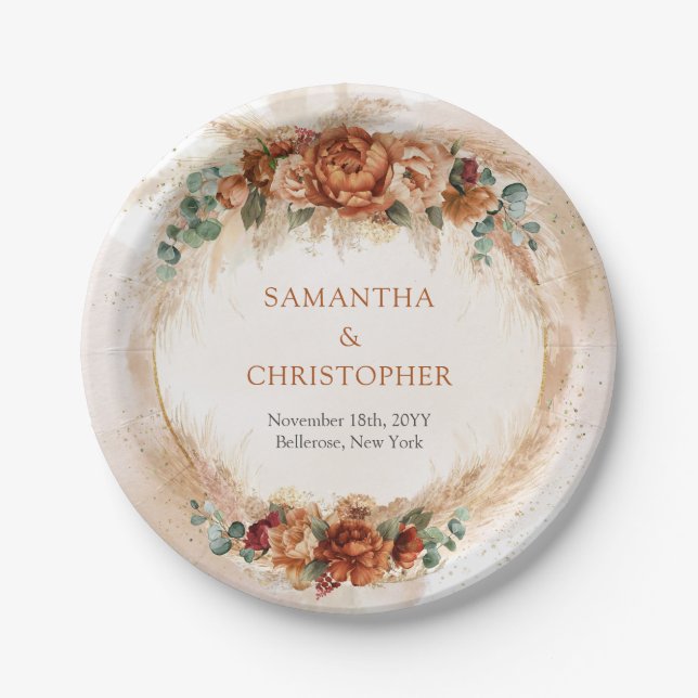 Burnt orange terracotta and greenery foliage arch  paper plate (Front)