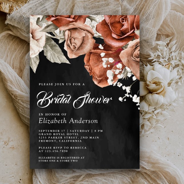 Burnt Orange Terracotta Floral Black Bridal Shower Invitation (Creator Uploaded)