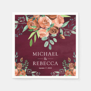 Burnt Orange Terracotta Floral Burgundy Wedding Napkin