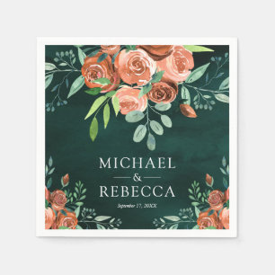 Burnt Orange Terracotta Floral Emerald Wedding Napkin