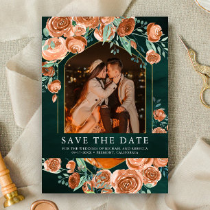 Burnt Orange Terracotta Floral Emerald Wedding Save The Date