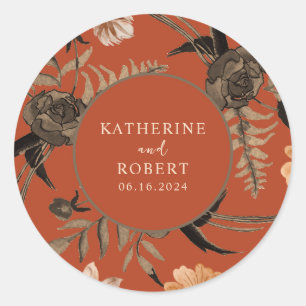 Burnt orange terracotta floral fall wedding classic round sticker