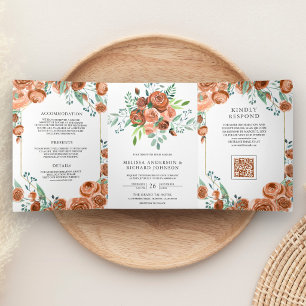 Burnt Orange Terracotta Floral QR Code Wedding Tri-Fold Invitation