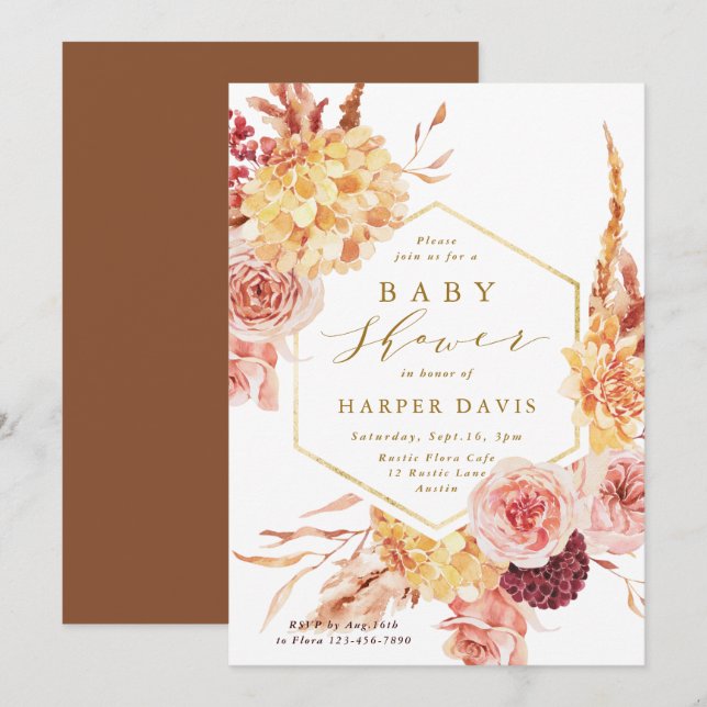 Burnt Orange Terracotta Flowers Gold Baby Shower Invitation (Front/Back)
