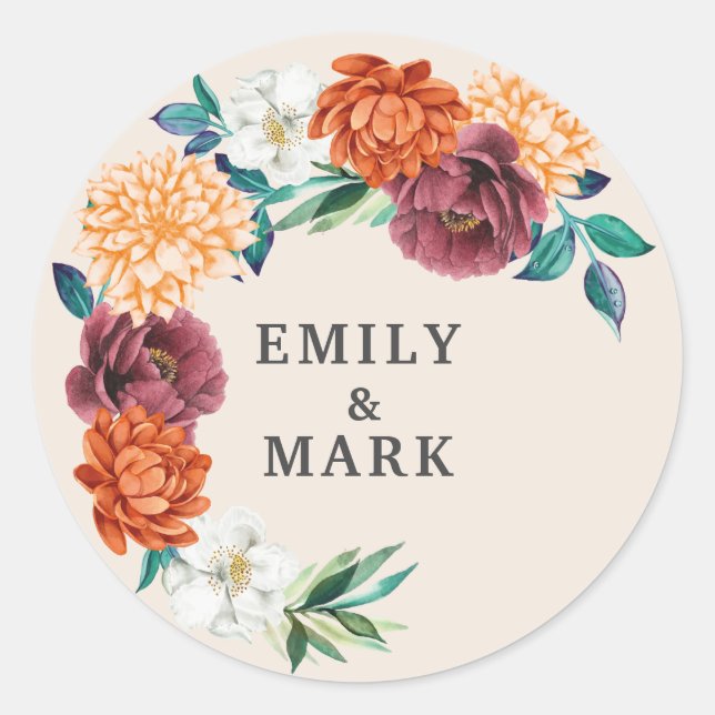 Burnt orange terracotta monogram fall wedding classic round sticker (Front)