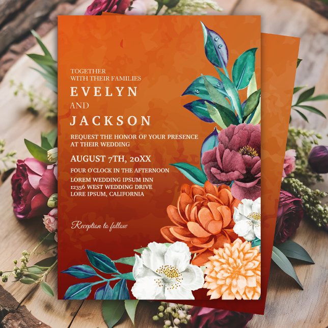 Burnt orange Terracotta Rustic Fall floral wedding Invitation (Creator Uploaded)