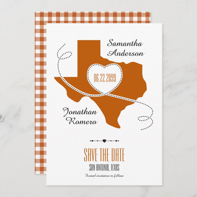 Burnt Orange Texas Curling Ribbon Save the Date (Front/Back)