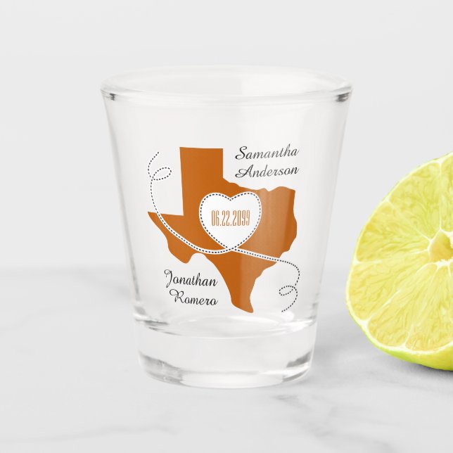 Burnt Orange Texas Curling Ribbon Wedding Date Shot Glass (Front)