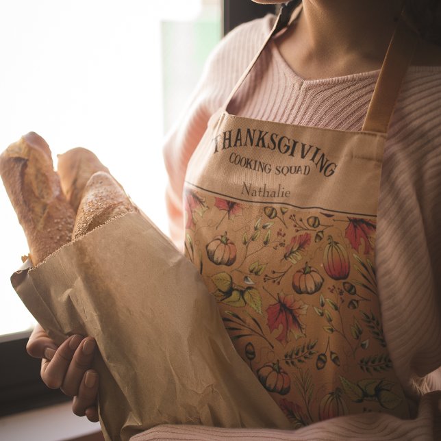 Burnt Orange Thanksgiving Cooking Squad Fall Apron (Elegant Autumn Hand-Drawn Apron with Pumpkins, Oak Leaves, Fall Foliage, Acorns. Personalized Name.)