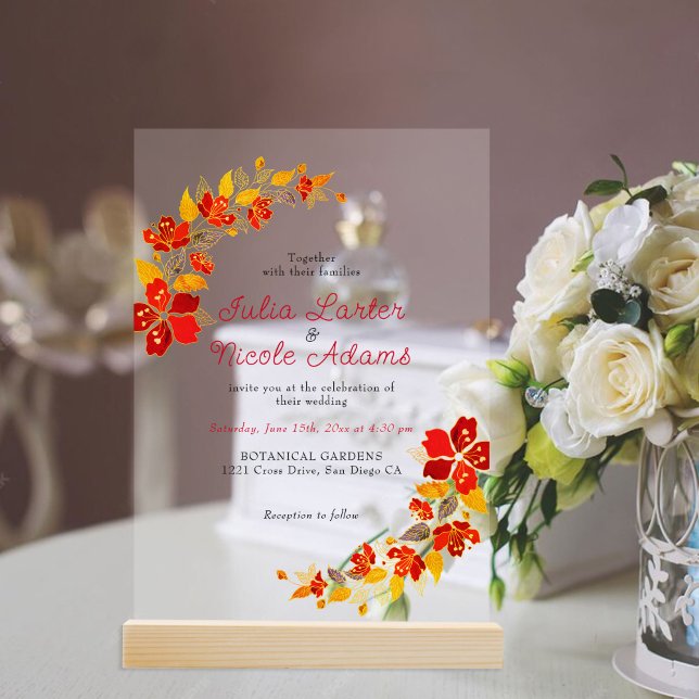 Burnt Orange Tropical Hibiscus Florals Wedding Acrylic Invitations (Creator Uploaded)
