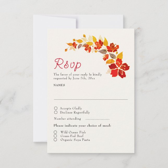 Burnt Orange Tropical Hibiscus Florals Wedding RSVP Card (Front)
