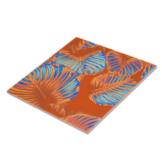 Burnt Orange Tropical Monstera Leaves Ceramic Tile (Side)