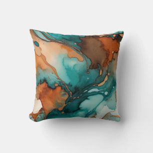 Burnt-orange, Turquoise, rust and black watercolor Cushion