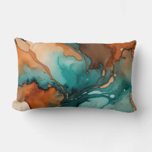 Burnt-orange, Turquoise, rust and black watercolor Lumbar Cushion