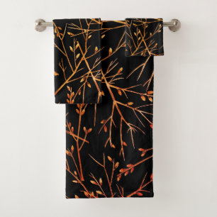 Burnt Orange Twigs on Black Bath Towel Set