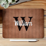 Burnt Orange Vintage Pinstripe Retro Monogram Mouse Pad<br><div class="desc">This design features a vintage pinstripe pattern in burnt orange with off-black dashed stripes. Personalise it with your monogram initial in off-black and your name in white retro script.</div>