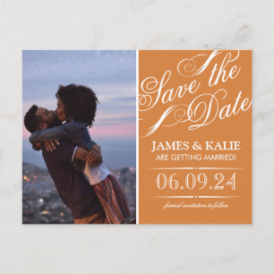 Burnt Orange Vintage Script Photo Save the Date Announcement Postcard