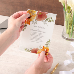 Burnt Orange Watercolor. Floral Autumn Wedding Vellum Invitations