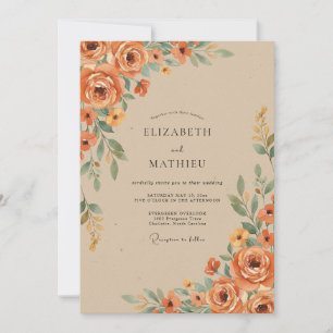 Burnt Orange Watercolor Floral Wedding Invitation