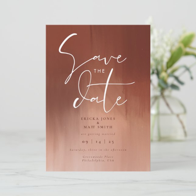 Burnt Orange Watercolor Save the Date Wedding Invitation (Standing Front)