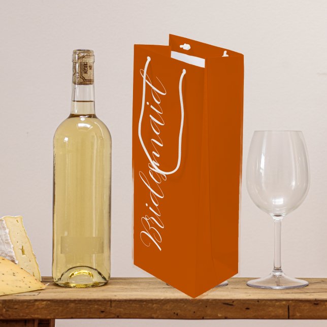Burnt Orange Wedding Bridesmaid Stylised Script Wine Gift Bag (In Situ)
