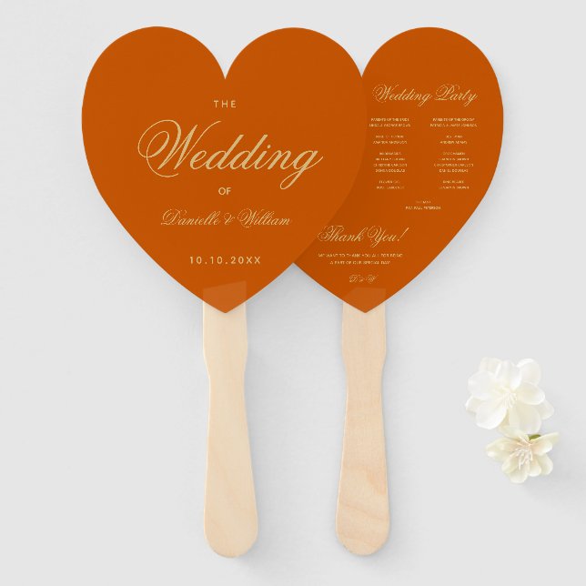 Burnt Orange Wedding Program Heart Elegant Script Hand Fan (Front and Back)