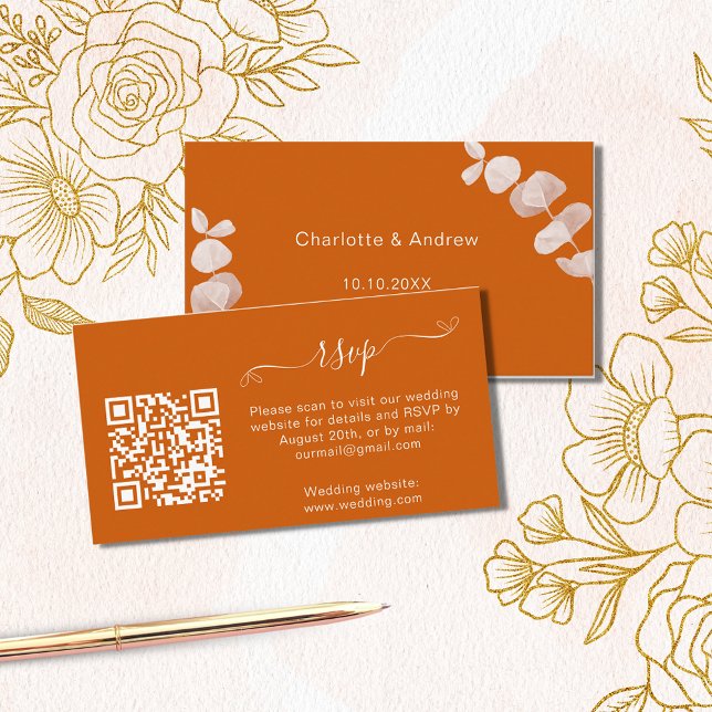 Burnt orange wedding response website QR code RSVP Enclosure Card (Creator Uploaded)