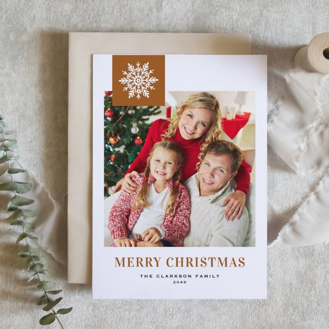 Burnt Orange Whimsical Snowflake Christmas Photo Holiday Card (Burnt orange photo Christmas card featuring a whimsical white snowflakes.)