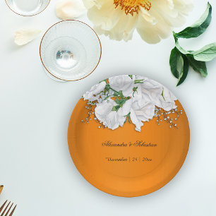 Burnt Orange White Botanical Wedding Paper Plate