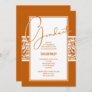 Burnt Orange White Damask Graduation Invitation
