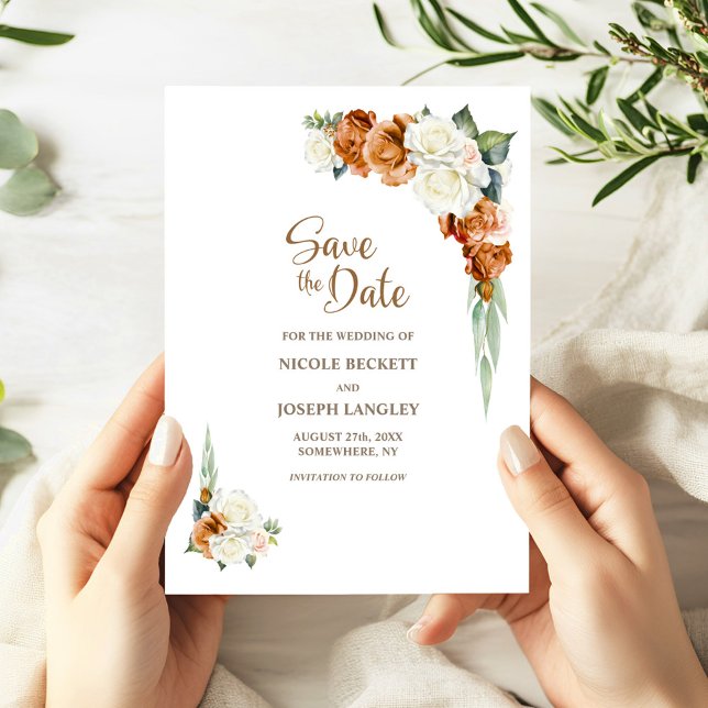 Burnt Orange White Floral Wedding Save the Date  (Creator Uploaded)