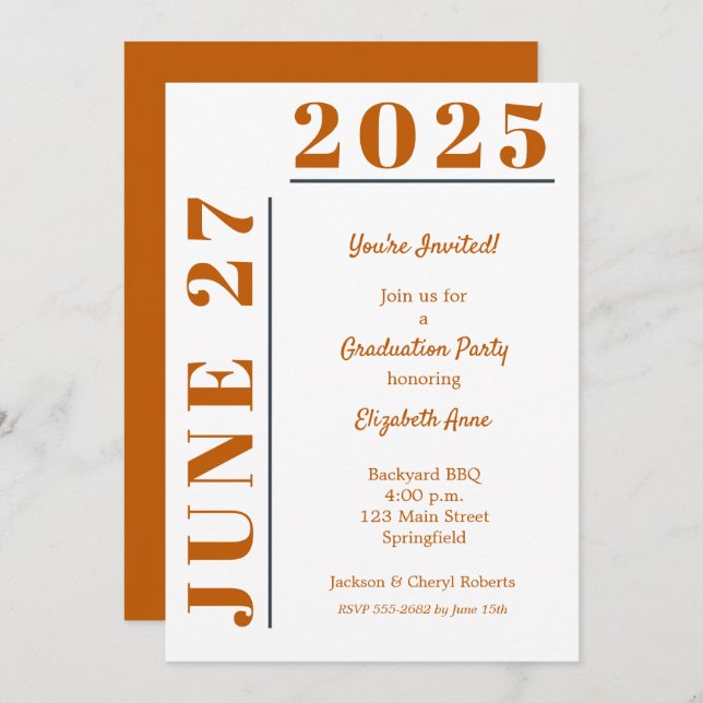 Burnt Orange White Graduation Party Invitation (Front/Back)