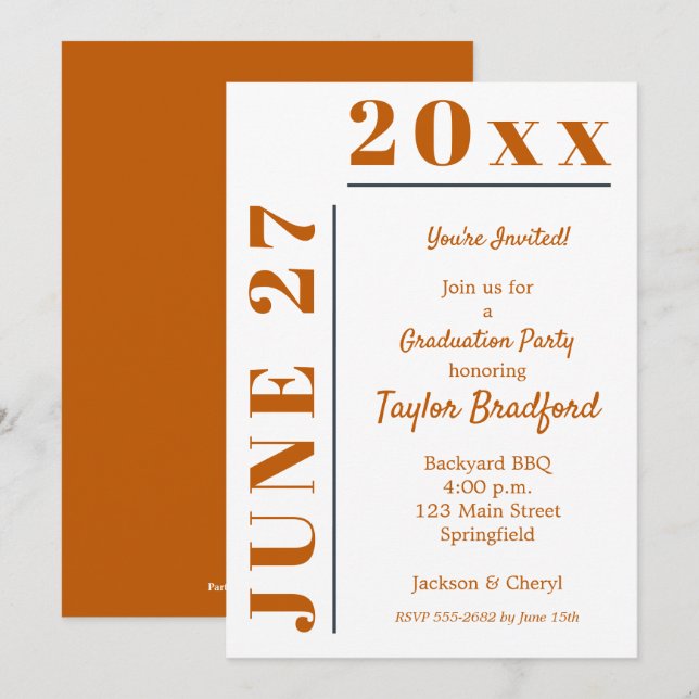 Burnt Orange White Graduation Party Invitations (Front/Back)