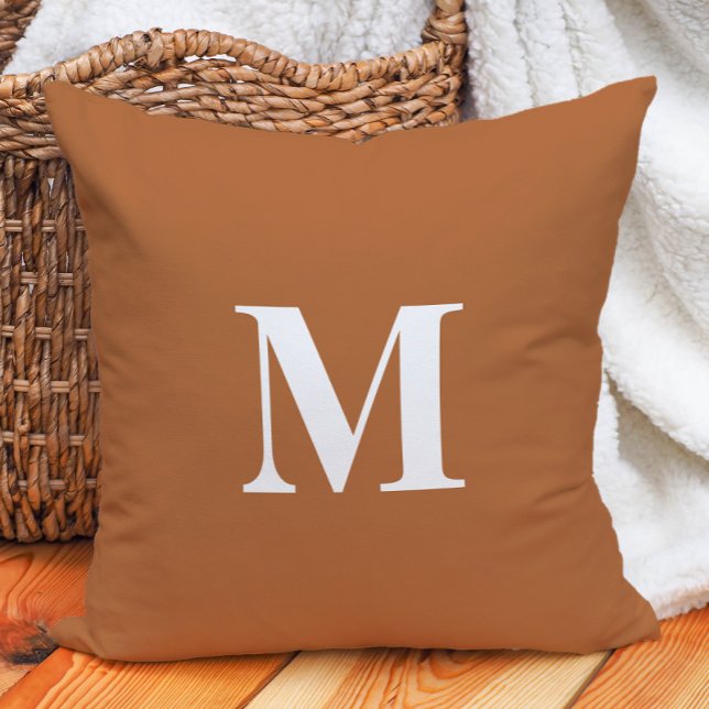 Burnt Orange White Monogram Initial Cushion (Burnt orange and white monogram decorator pillow)