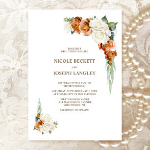 Burnt Orange White Rose Floral Wedding Invitation