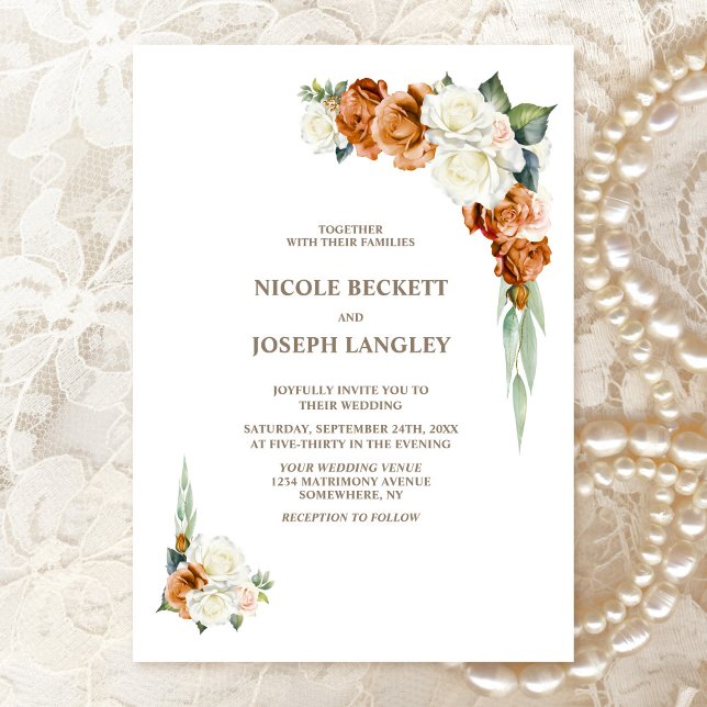 Burnt Orange White Rose Floral Wedding Invitation (Creator Uploaded)