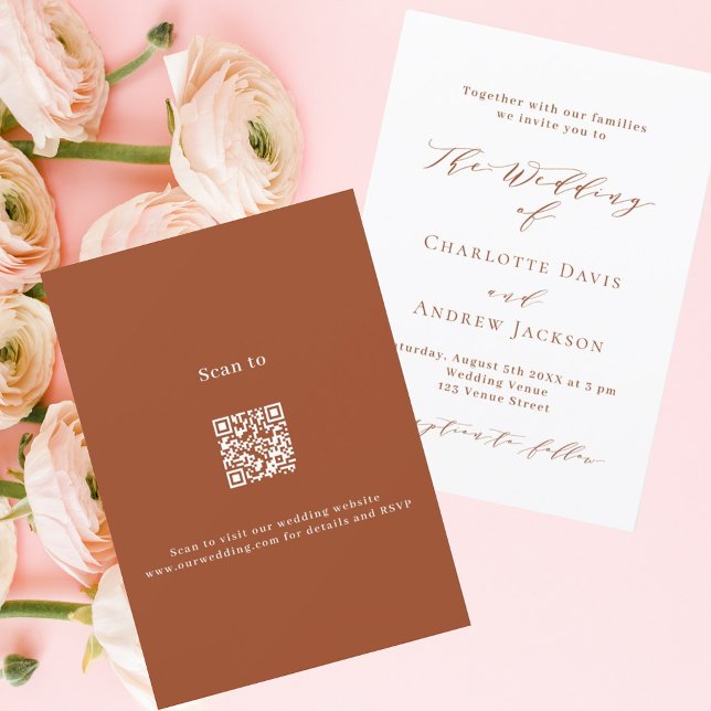 Burnt orange white script QR RSVP luxury wedding Invitation (Creator Uploaded)